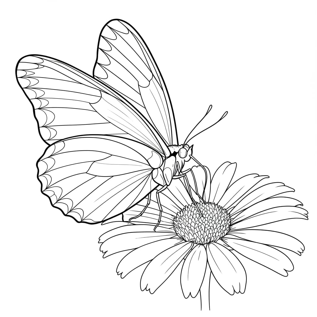 Desenho de uma borboleta pousada em uma flor margarida, pronto para colorir.