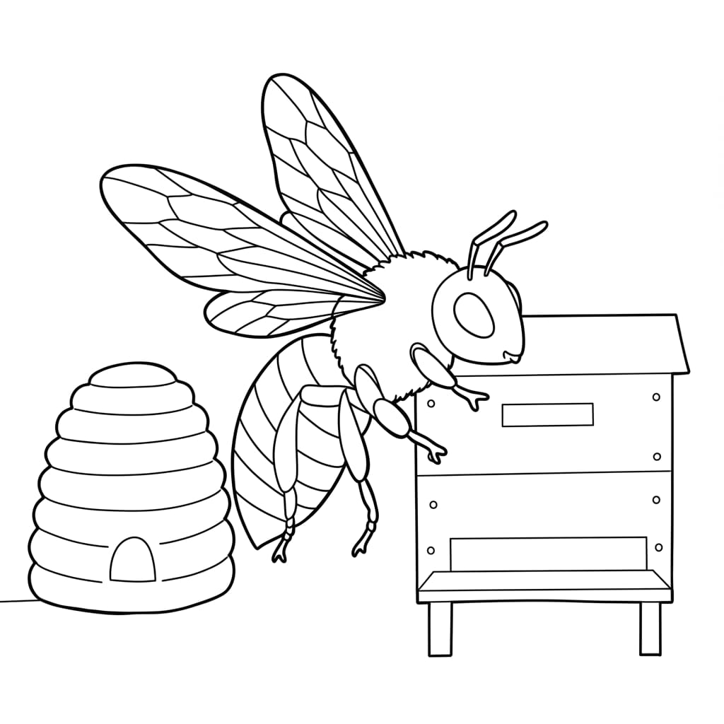 Desenho de abelha em frente a uma colmeia e casa, pronto para colorir.