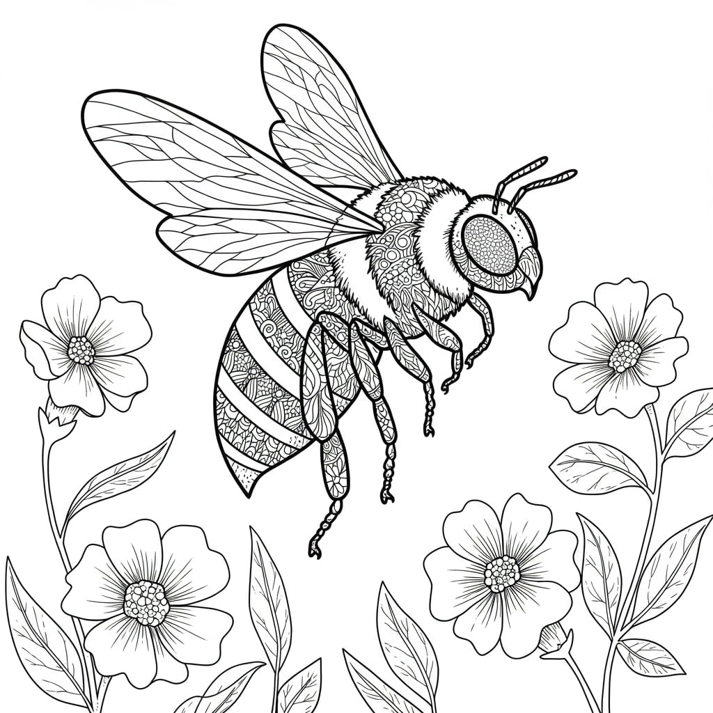 Desenho de uma abelha em voo cercada por flores detalhadas, pronto para colorir.