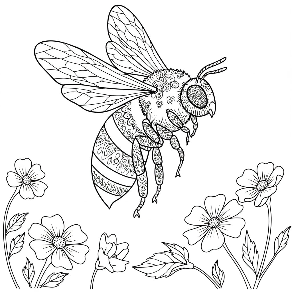Desenho de uma abelha detalhada voando sobre flores, pronto para colorir.