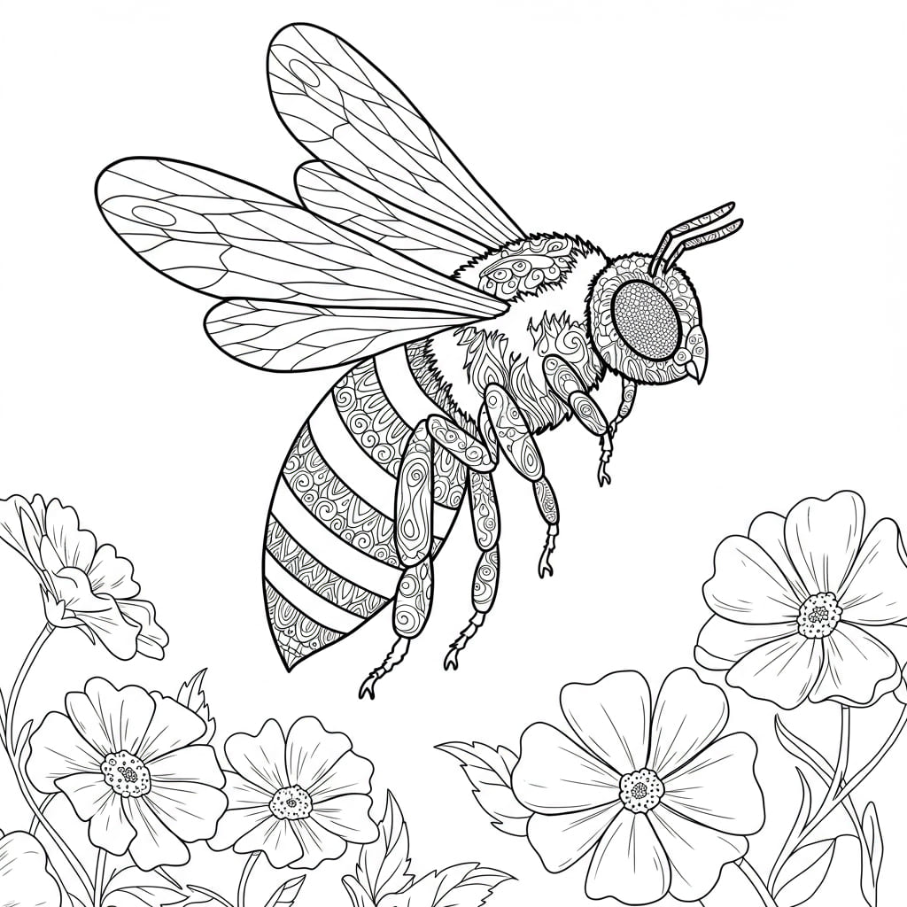 Desenho de abelha complexo, em voo sobre flores, pronto para colorir.