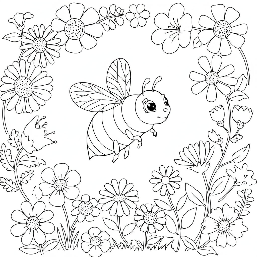 Desenho de uma abelha fofa voando em meio a um jardim de flores, pronto para colorir.
