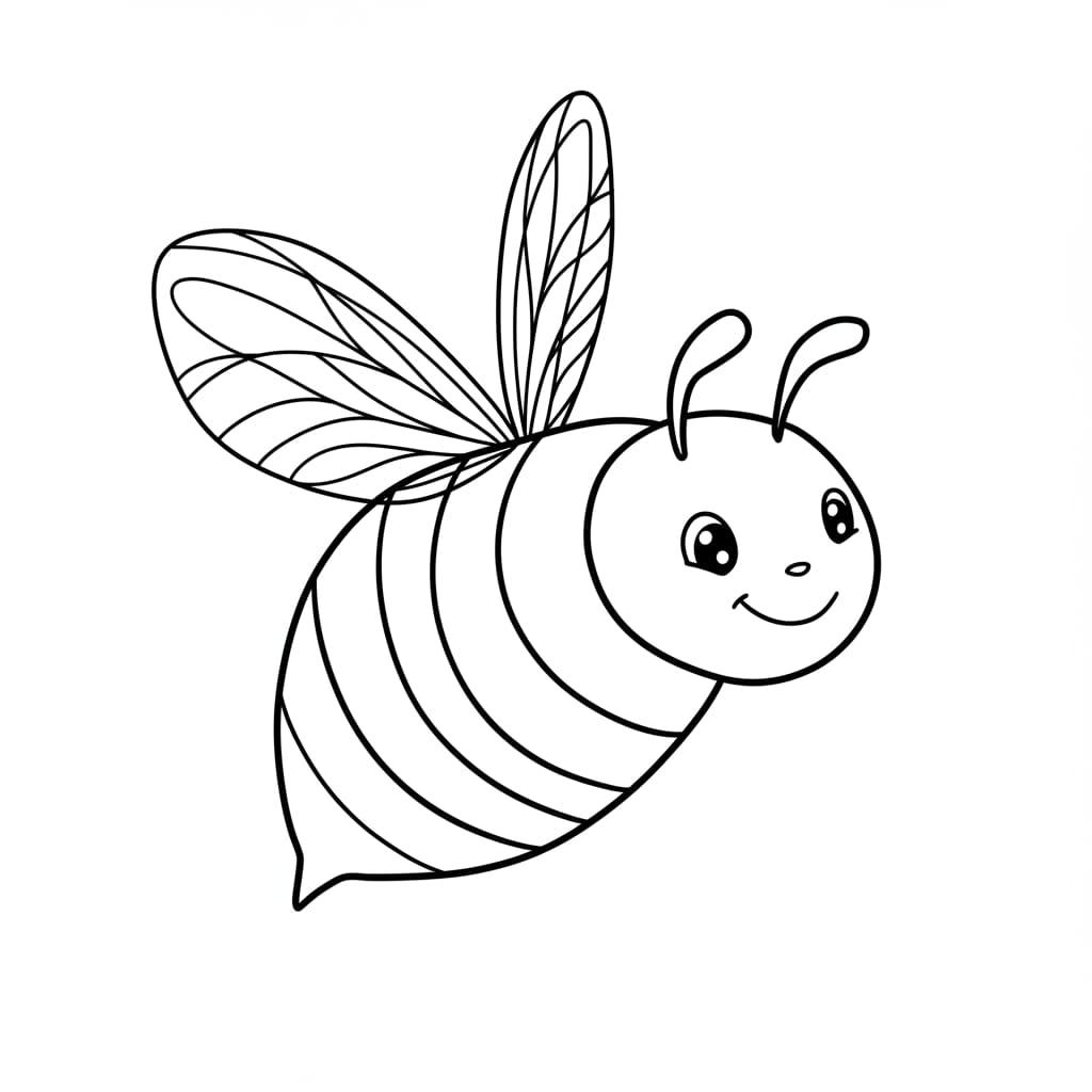 Desenho de uma abelhinha sorrindo, com listras no corpo e asas detalhadas, ideal para colorir.