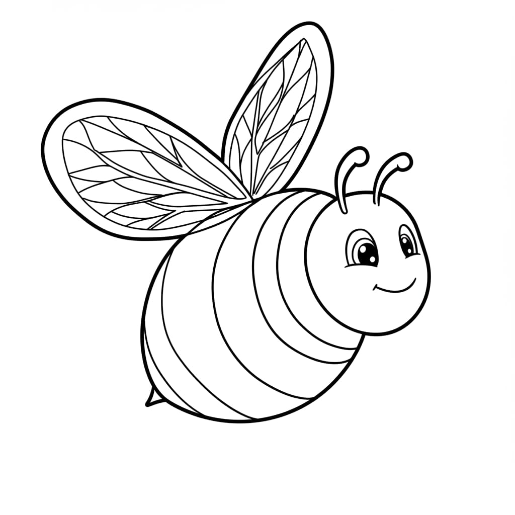 Desenho de uma abelhinha feliz voando, pronta para colorir.