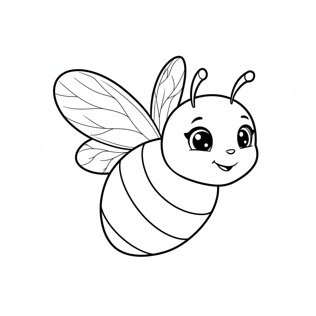 Desenho simples de uma abelha sorrindo, pronta para colorir.
