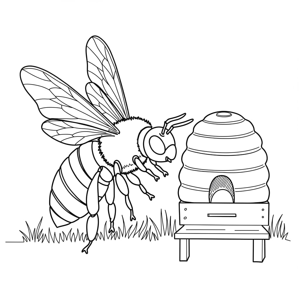 Desenho de uma abelha em voo se aproximando de uma colmeia, ideal para colorir.