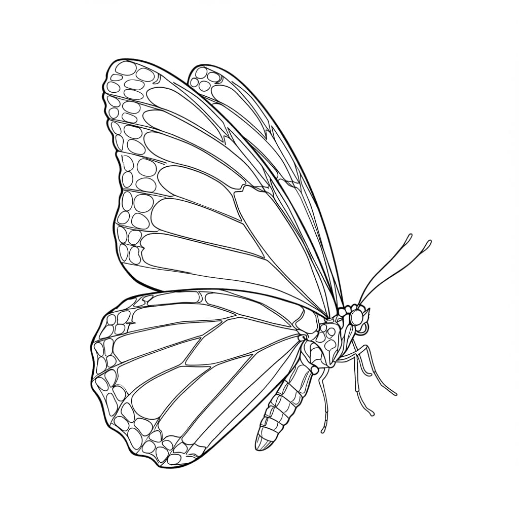 Desenho detalhado em preto e branco de uma borboleta borboletinha pronta para colorir.