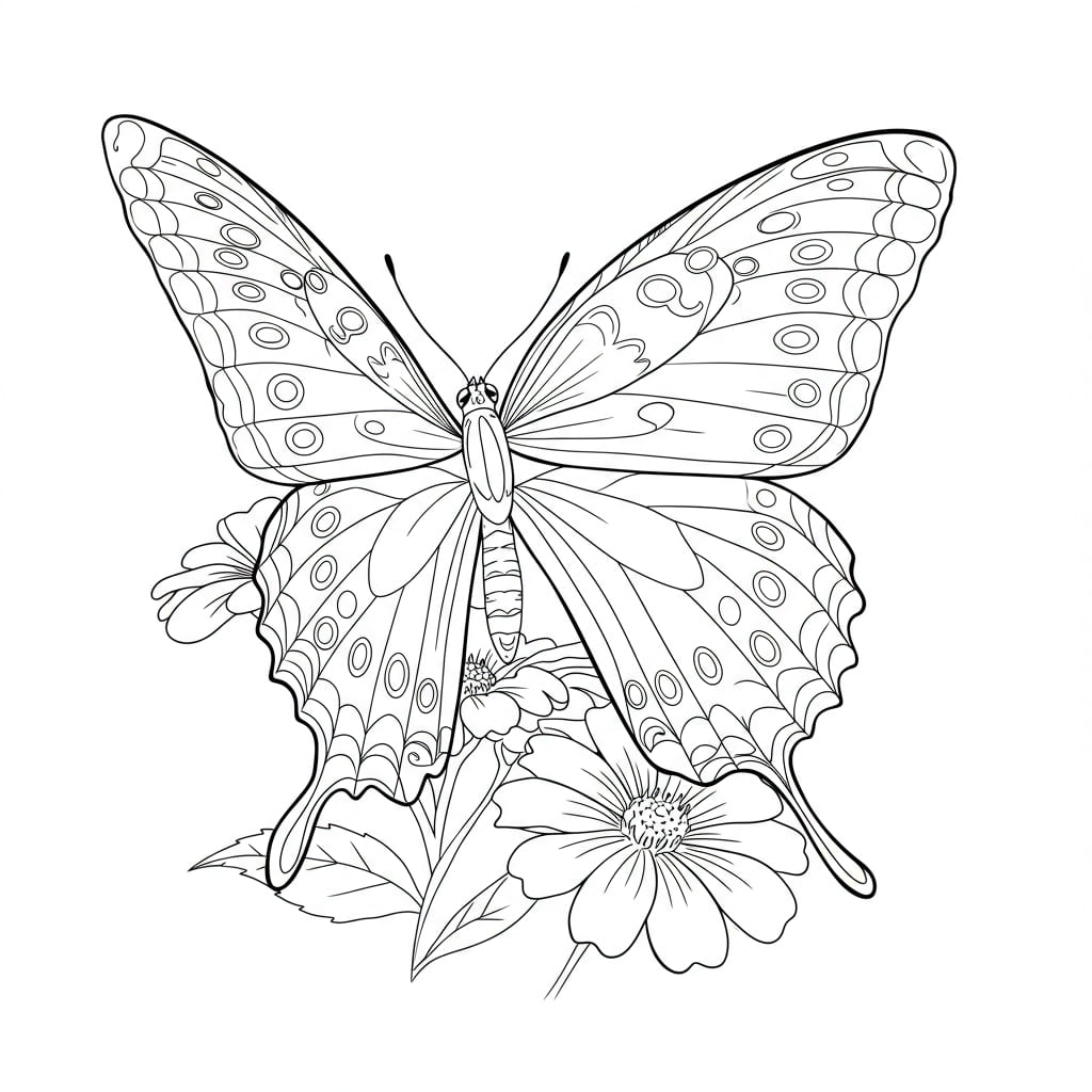 Desenho de borboleta e flores em preto e branco, ideal para colorir.