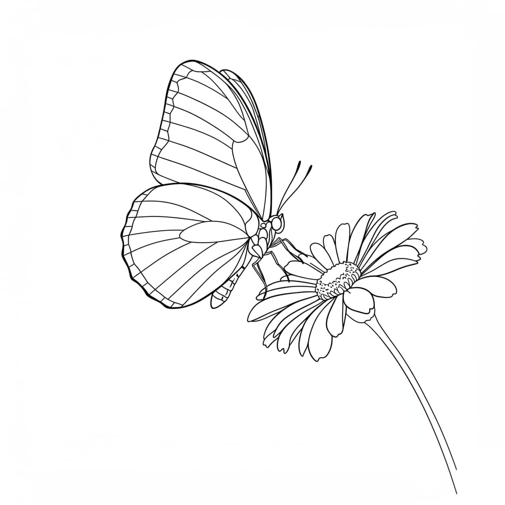 Desenho de uma borboleta pousada em uma flor para colorir.