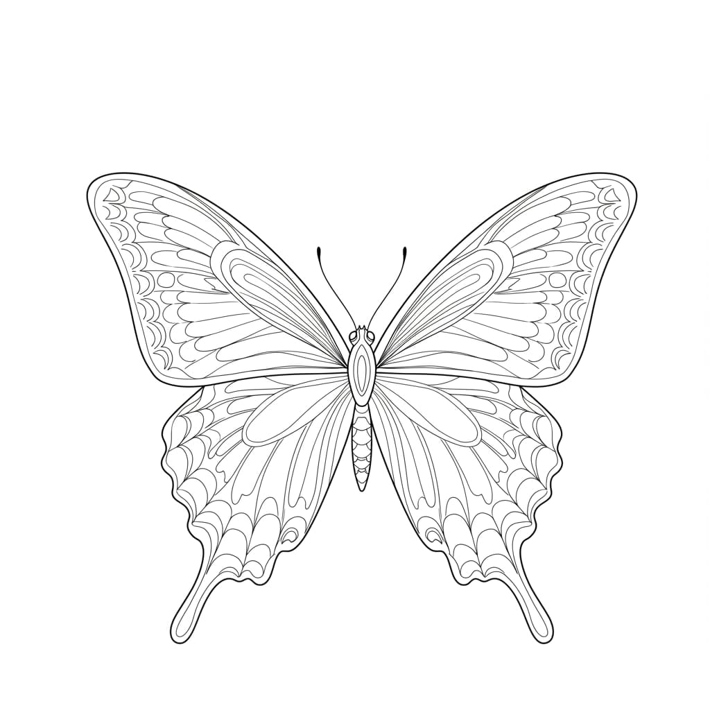Desenho de borboleta com contornos pretos sobre fundo branco, ideal para colorir.