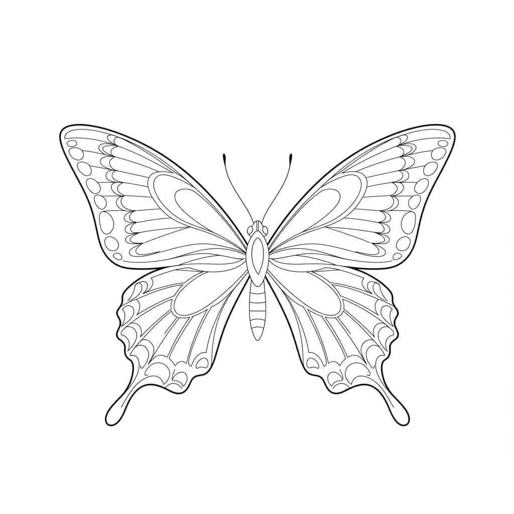 Desenho de borboleta com contorno detalhado, pronto para colorir.