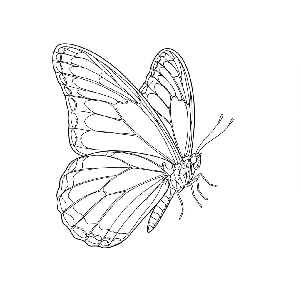 Desenho detalhado de uma borboleta com asas abertas, pronto para colorir.