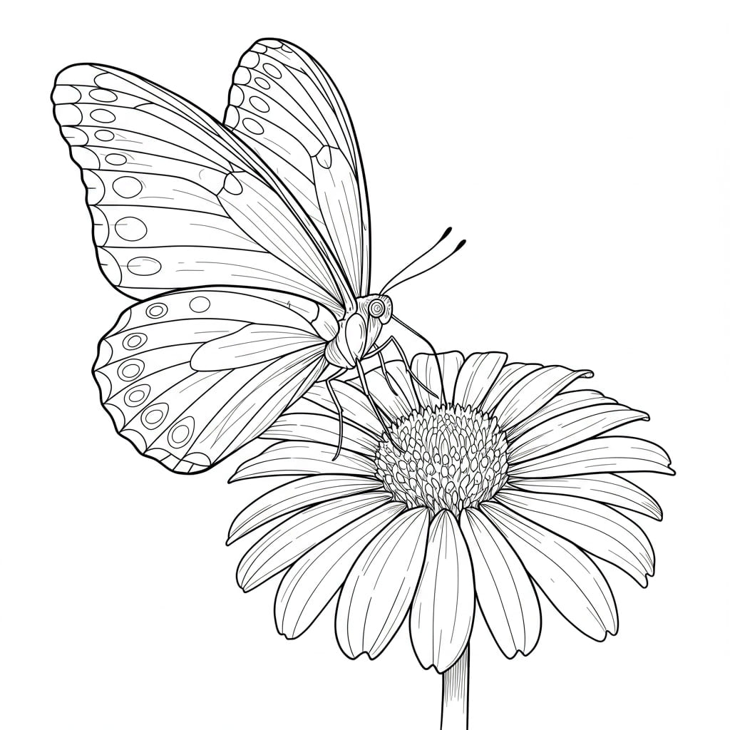Desenho de contorno de uma borboleta pousada em uma flor gerbera, pronto para colorir.