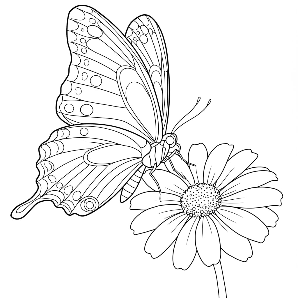 Desenho de uma borboleta pousada em uma flor margarida, pronto para colorir.