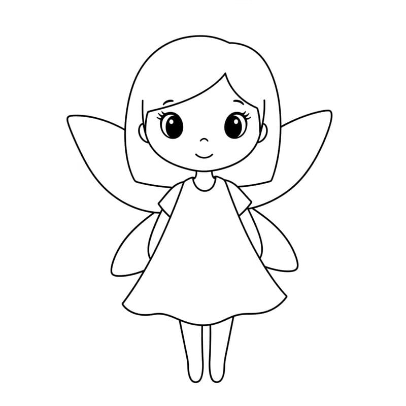 Desenho de uma fadinha com cabelo curto, vestidinho e asas, ideal para colorir.