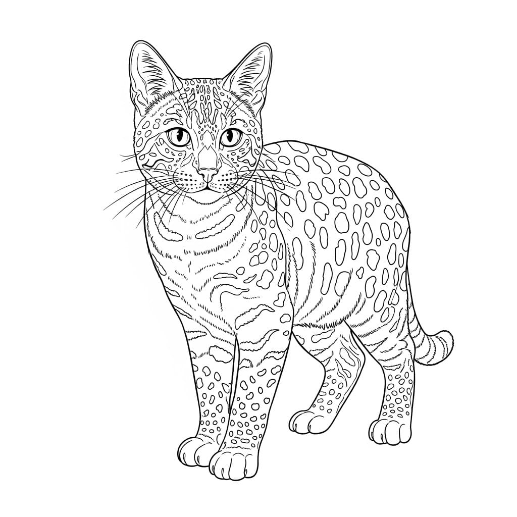 Desenho realista de um gato com manchas para colorir.
