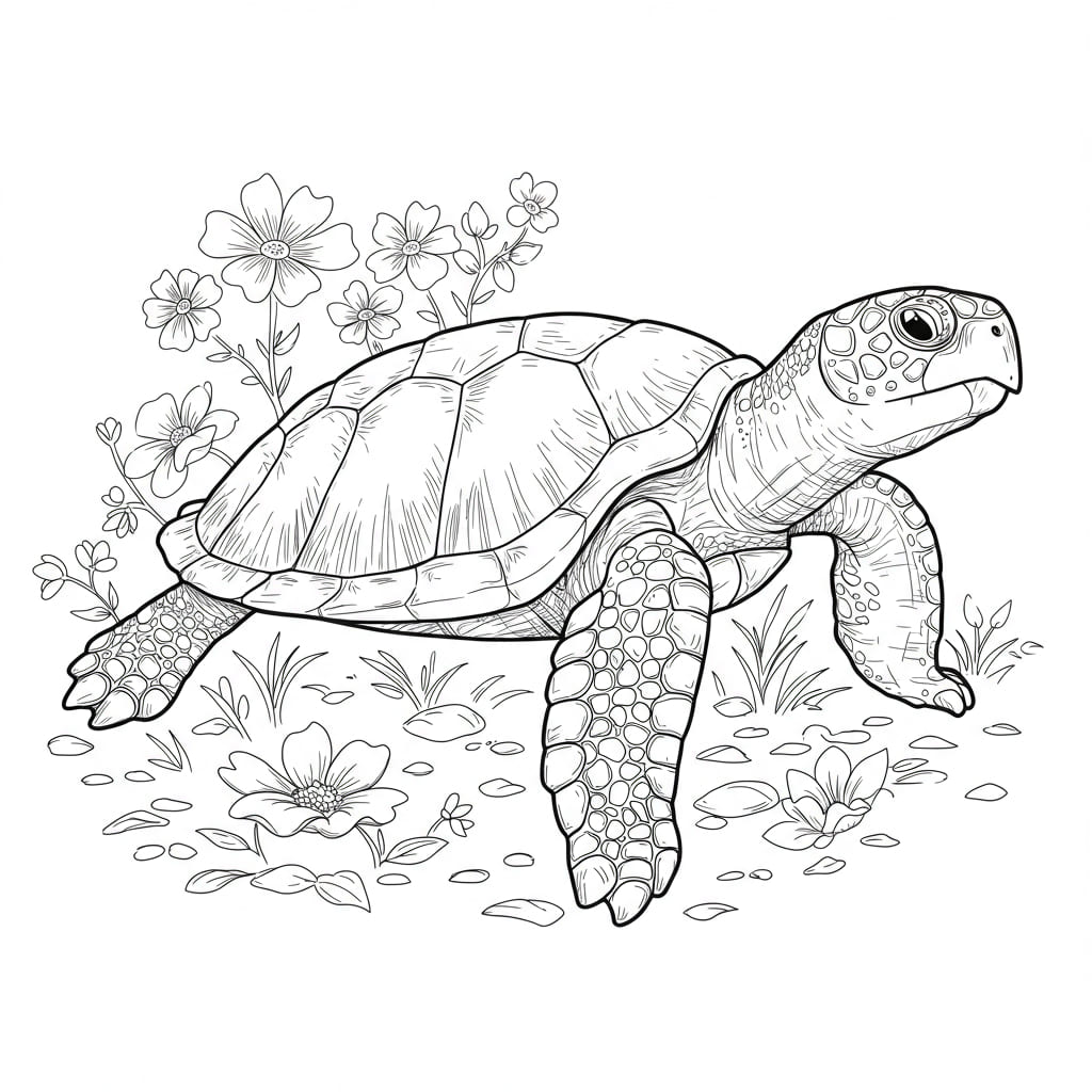Desenho de uma tartaruga marinha em meio a flores, ideal para colorir.