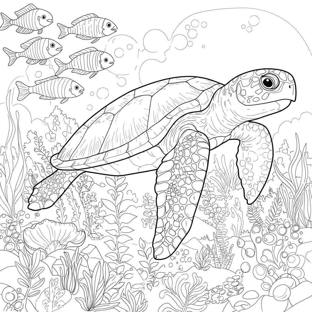 Desenho de uma tartaruga nadando no mar com peixes, pronto para colorir.