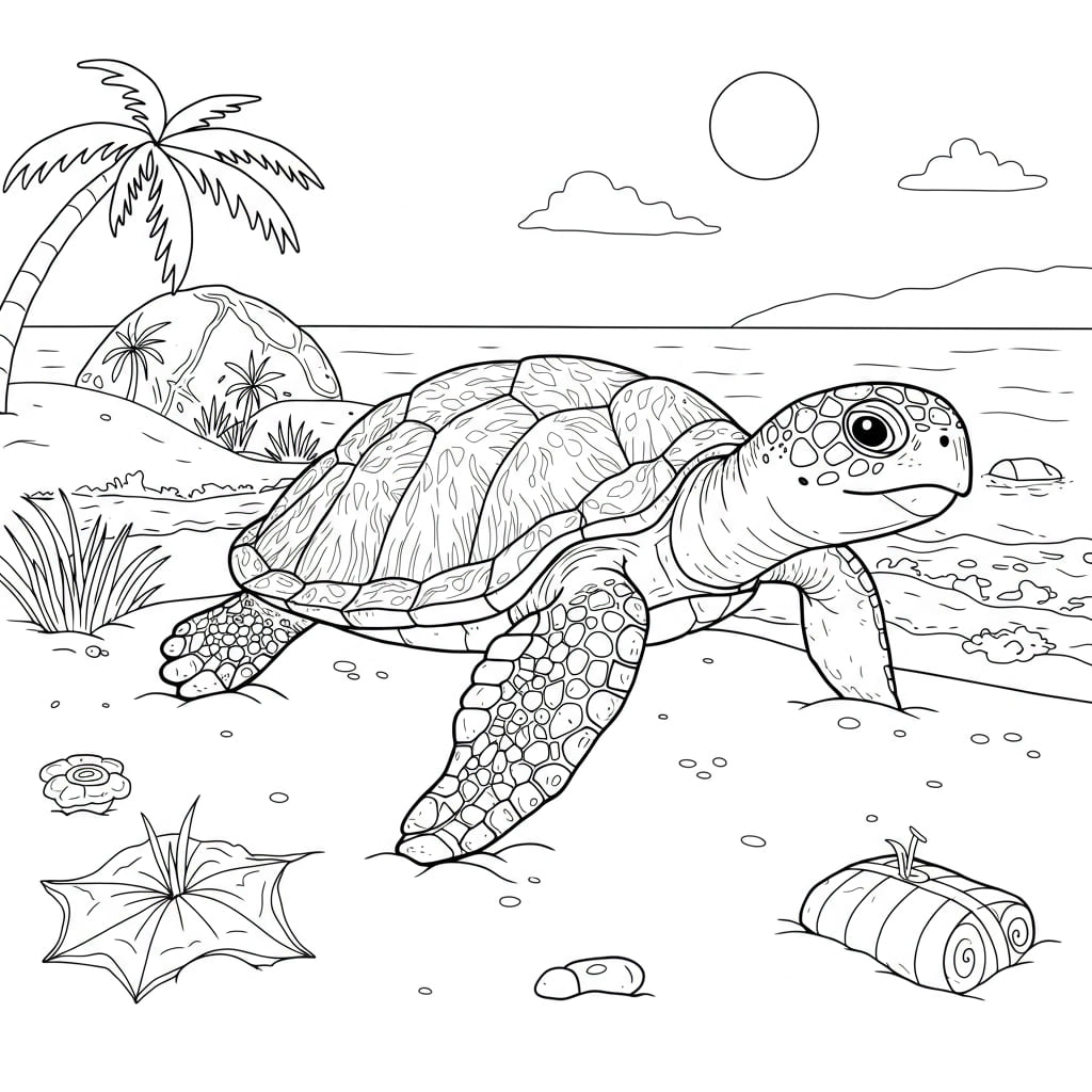 Desenho de uma tartaruga marinha na praia, com coqueiro e sol, ideal para colorir.