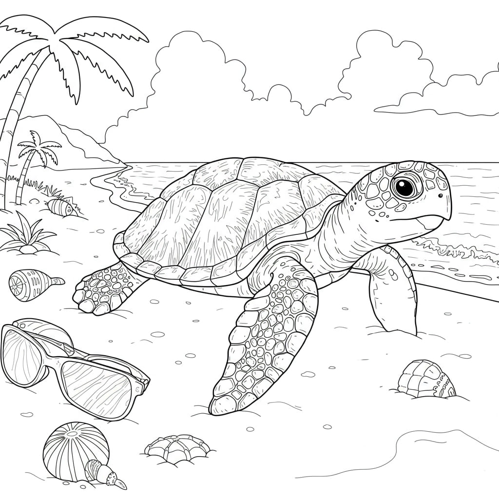 Desenho de tartaruga marinha na praia com coqueiro, óculos de sol e conchas, pronto para colorir.