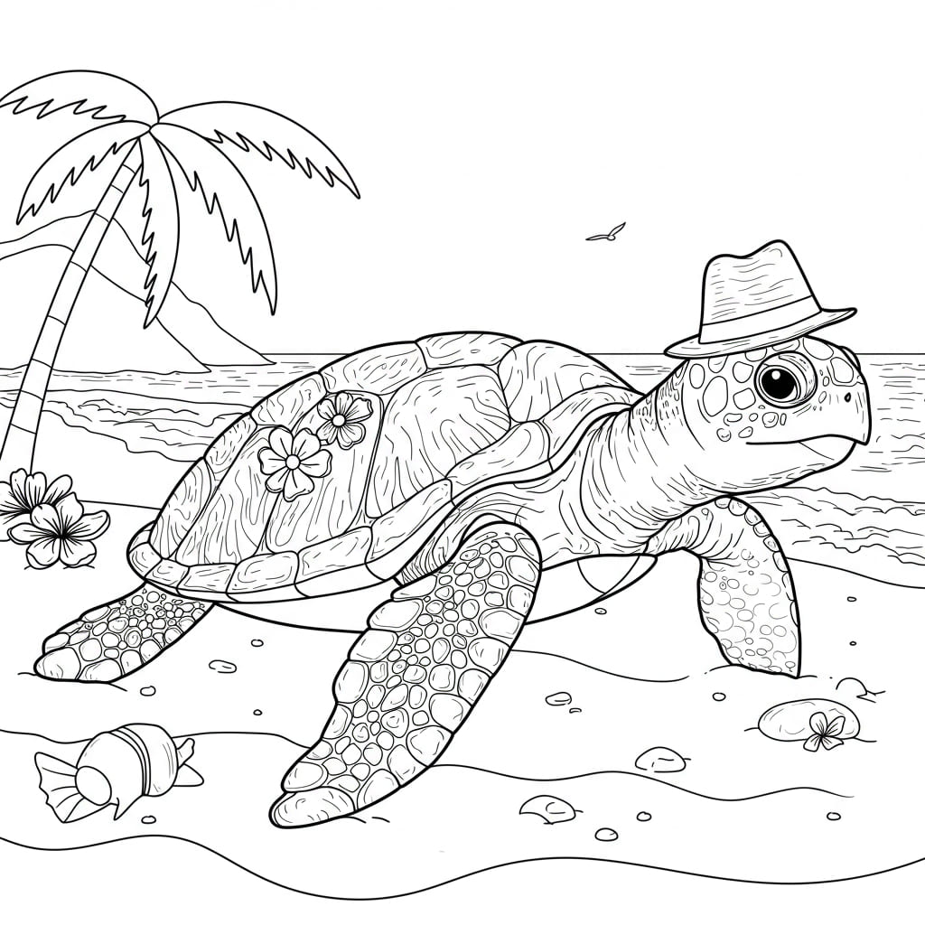 Desenho de uma tartaruga de chapéu na praia com palmeira ao fundo, pronto para colorir.
