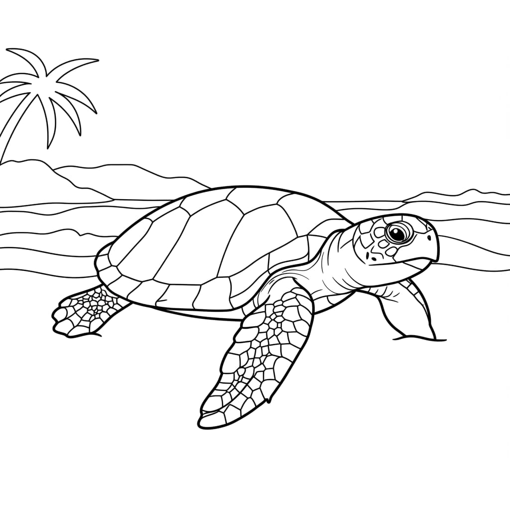 Desenho de uma tartaruga marinha nadando em frente a uma praia com uma palmeira.