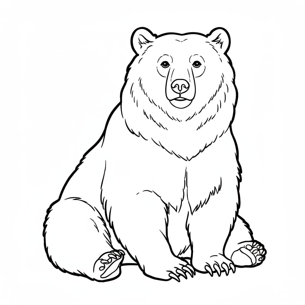 Desenho de um urso sentado para colorir, com traços simples e fundo branco.