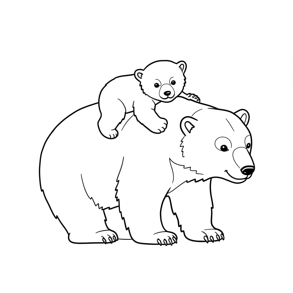 Desenho de uma mamãe urso com seu filhote nas costas, pronto para colorir.