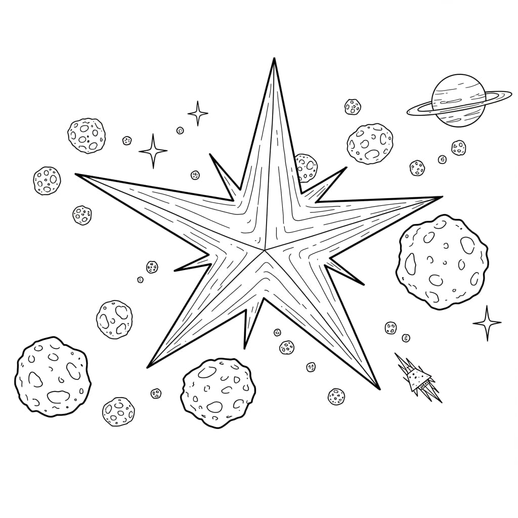 Desenho de uma estrela grande com asteroides, planetas e uma nave espacial, pronto para colorir.