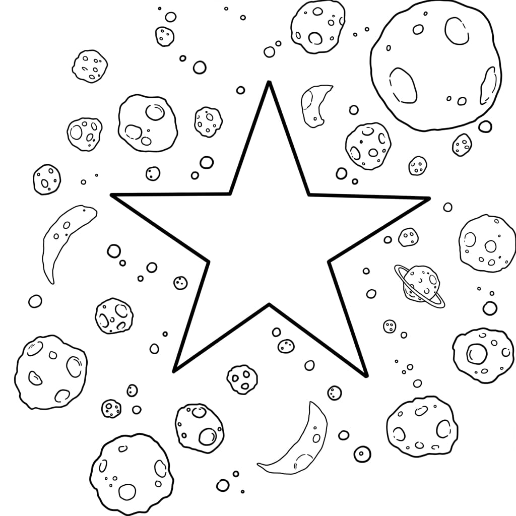 Desenho para colorir com uma estrela grande no centro, cercada por planetas e asteroides.