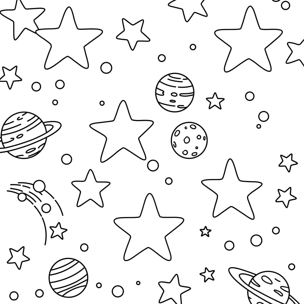 Desenho para colorir com estrelas, planetas e constelações em preto e branco.