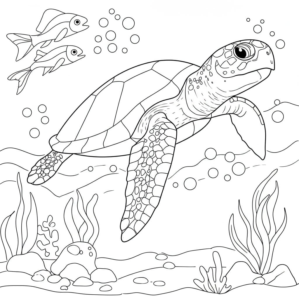 Desenho de uma tartaruga marinha nadando em um fundo do mar simplificado, com peixes e algas, pronto para colorir.