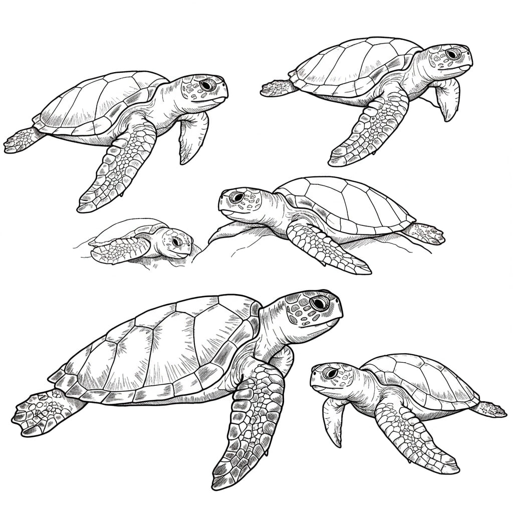 Desenho de um grupo de tartarugas marinhas em diferentes tamanhos e posições, prontas para colorir.