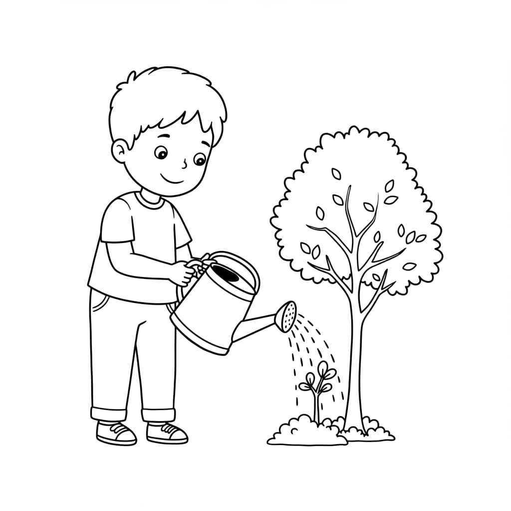 Desenho de um menino regando uma pequena planta perto de uma árvore maior.