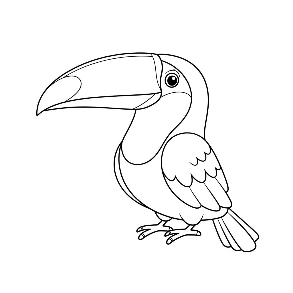 Desenho de um tucano tropical, contornado em preto e branco, pronto para ser colorido.