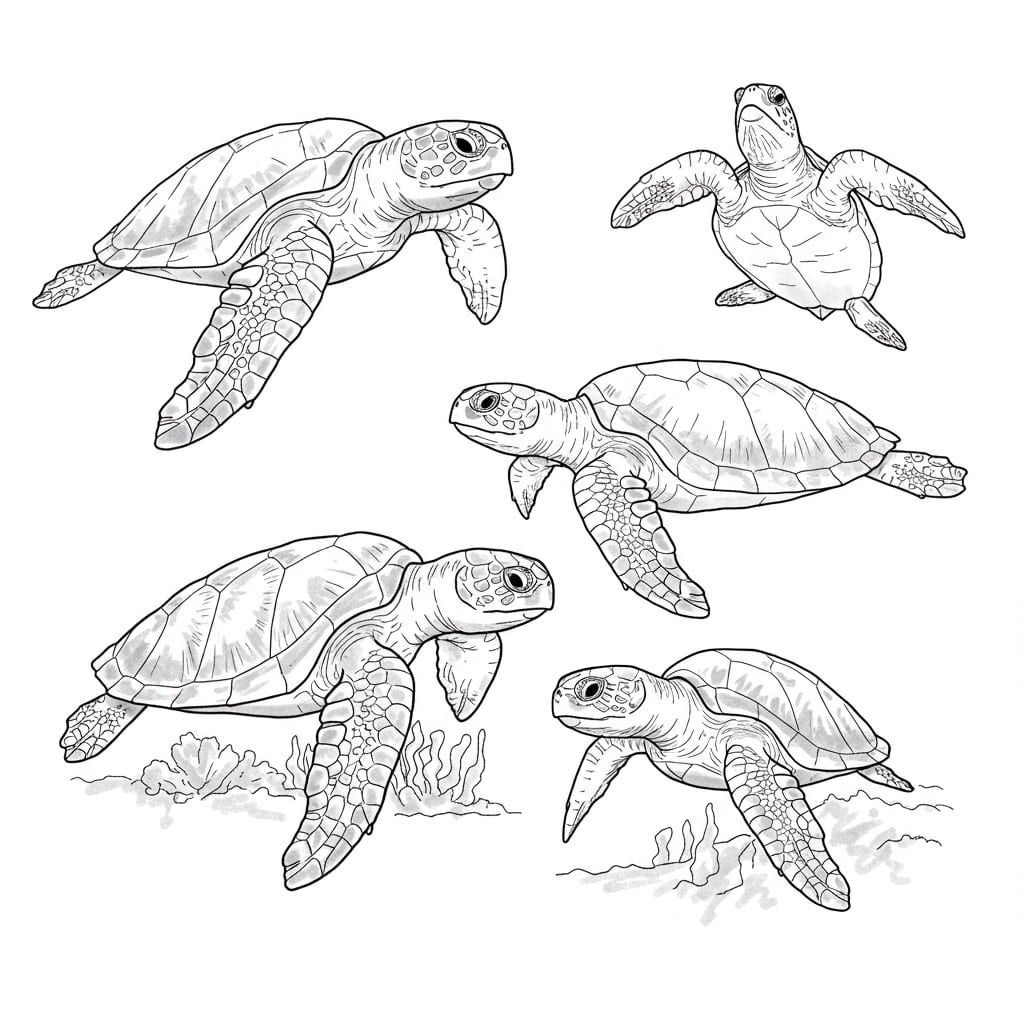 Desenho de várias tartarugas marinhas em diferentes posições, ideal para colorir.