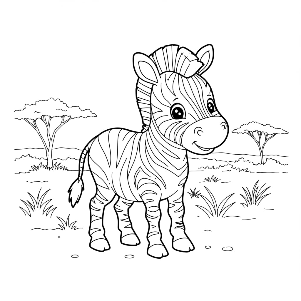 Desenho de uma zebra fofa em preto e branco, ideal para colorir, com árvores da savana ao fundo.