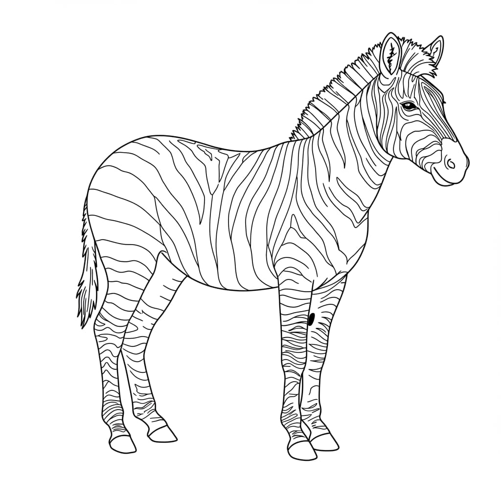 Desenho de uma zebra em pé, com listras pretas e brancas, pronta para colorir.