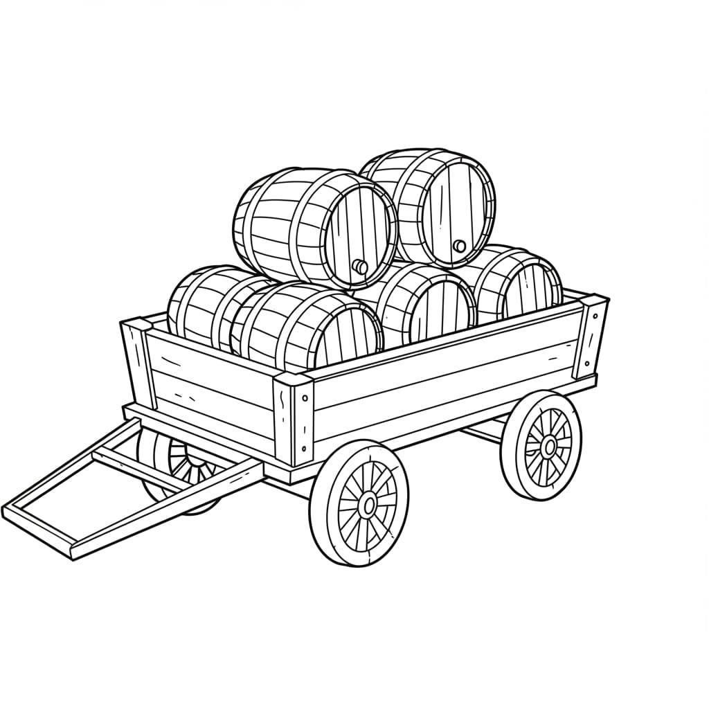 Desenho de uma carroça de madeira cheia de barris, pronta para colorir.