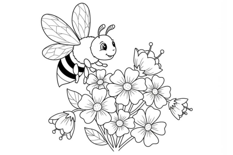 Desenho de uma abelhinha fofa voando em direção a um buquê de flores delicadas, ideal para colorir.