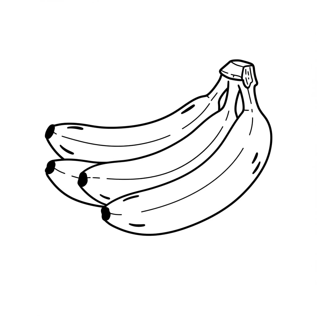 Desenho de um cacho de bananas em preto e branco, pronto para colorir.