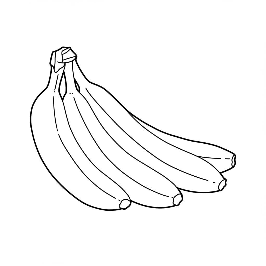 Desenho de um cacho de bananas em preto e branco, pronto para colorir.