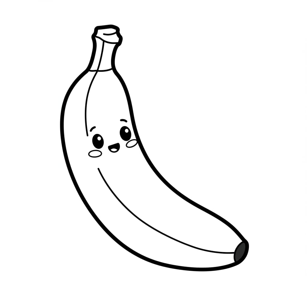 Desenho de banana para colorir com um rosto sorridente em estilo kawaii.