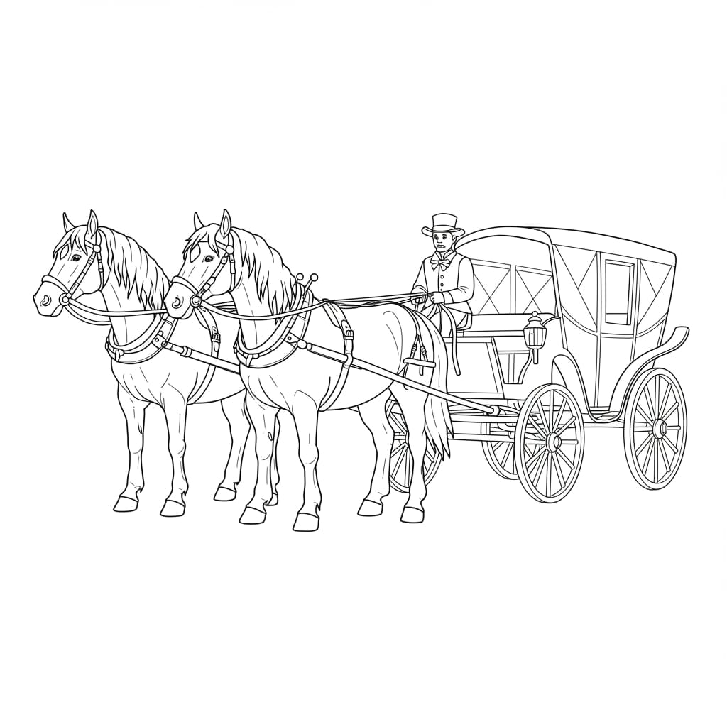 Desenho de uma antiga carroça puxada por dois cavalos, com cocheiro, pronta para colorir.