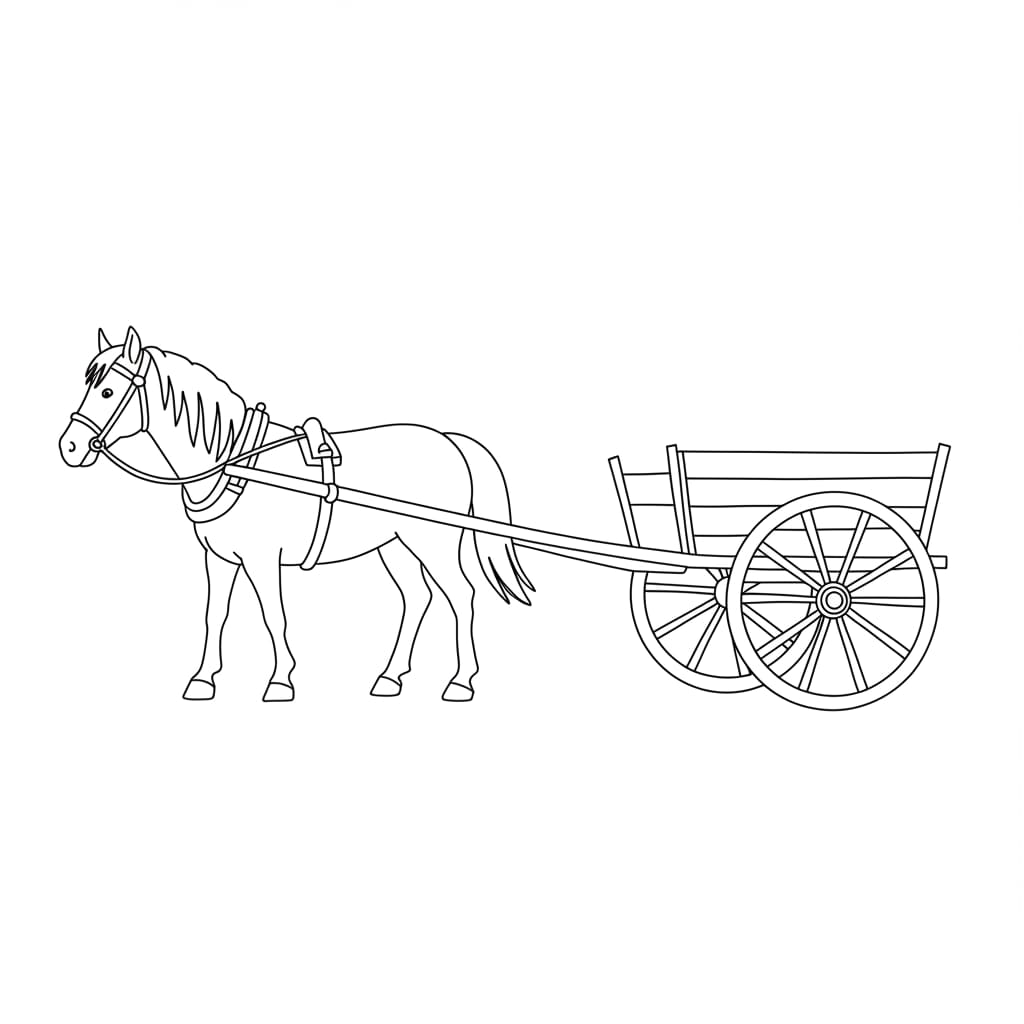 Desenho de linha de uma carroça puxada por um cavalo, pronta para colorir.