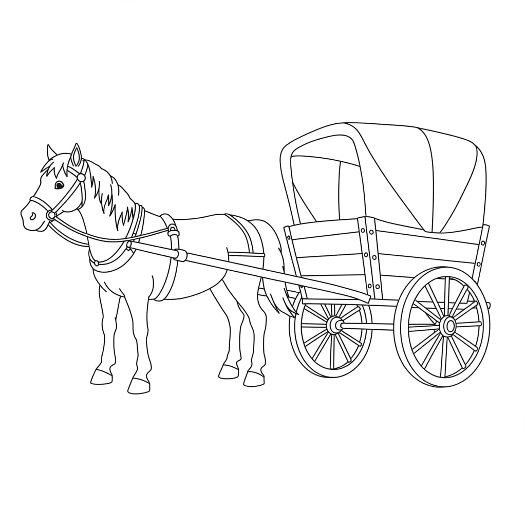 Desenho de linha de um cavalo puxando uma carroça coberta, pronto para colorir.