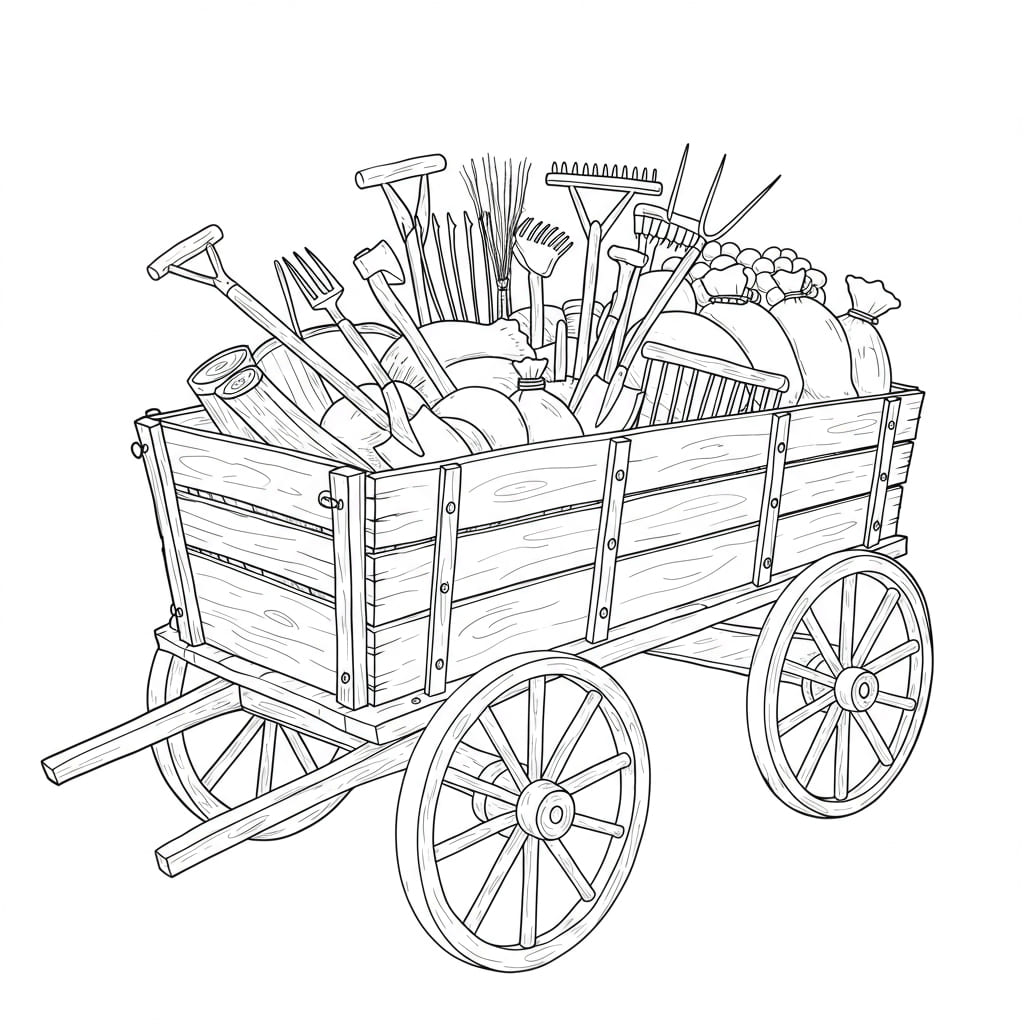 Desenho de carroça de madeira repleta de ferramentas de jardinagem e sacos de colheita, pronta para colorir.