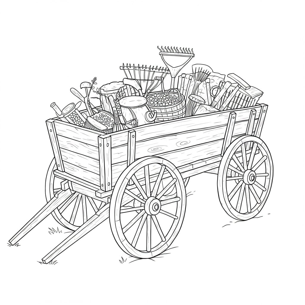 Desenho de uma carroça de madeira cheia de ferramentas agrícolas em preto e branco, pronto para colorir.