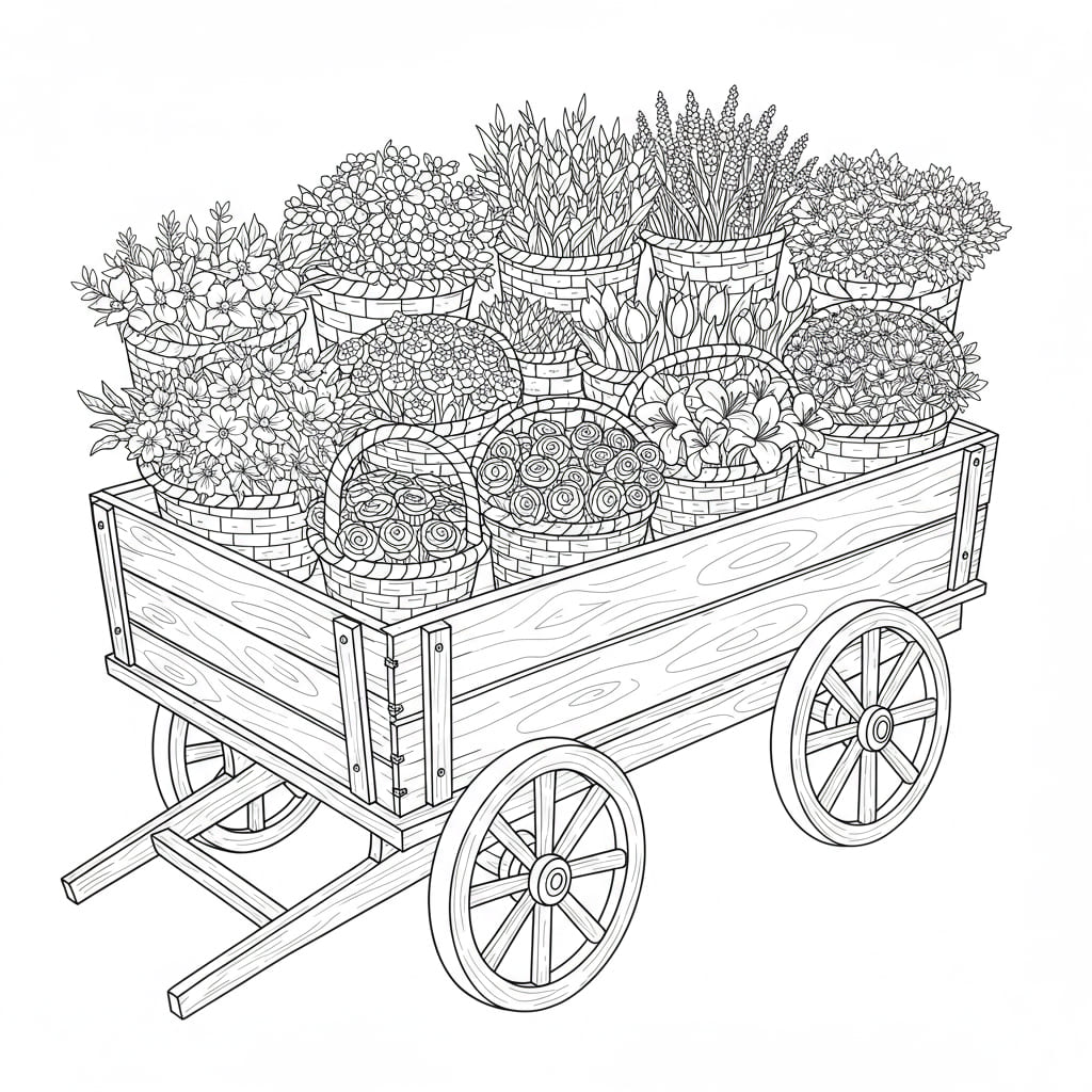 Desenho de uma carroça de madeira cheia de cestas de flores, pronto para colorir.