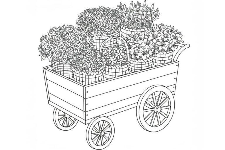 Desenho de uma carroça de madeira cheia de cestos de flores variadas, pronta para colorir.